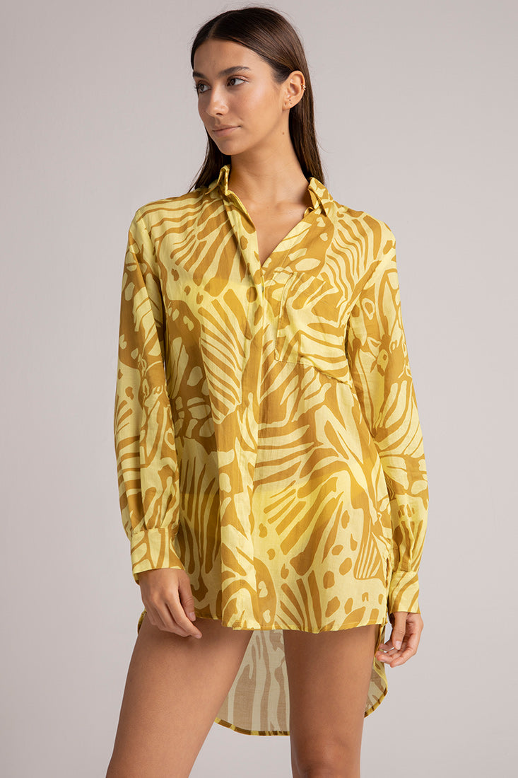 Camisa larga estampada amarillo-café