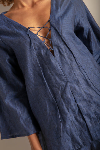 Camisa manga larga en lino color azul