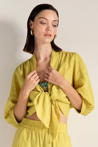 Camisa en lino, manga abajo del codo, Color Amarillo