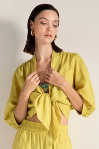 Camisa en lino, manga abajo del codo, Color Amarillo