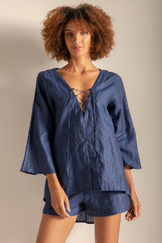 Camisa manga larga en lino color azul