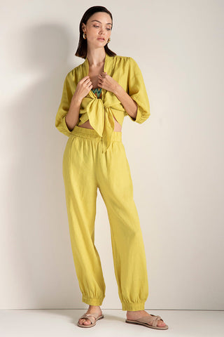 Camisa en lino, manga abajo del codo, Color Amarillo