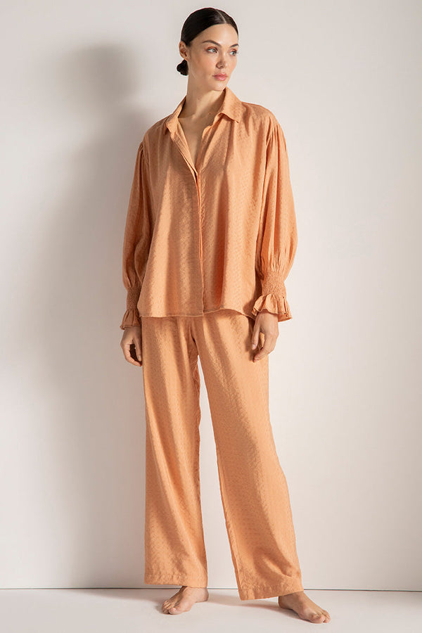 Pijama Pantalón y Camisa manga larga, nido de abeja en cintura y puños