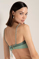 Top strapless con bloques de color verde en lurex