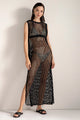 Vestido largo recto en tejido lycra con malla negra