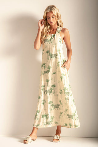 Vestido largo en lino con estampado color verde