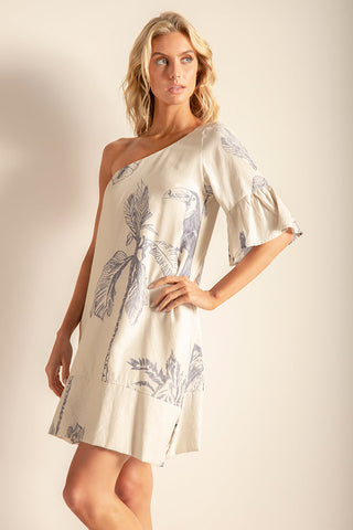 Vestido corto de un hombro Color Marfil-Azul