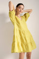 Vestido corto en lino, cuello con escote en v, Color Amarillo