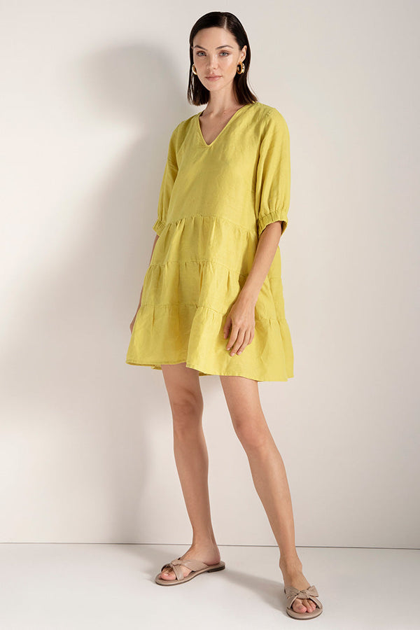 Vestido corto en lino, cuello con escote en v, Color Amarillo