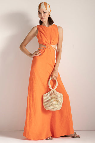 Vestido largo en lino, Color Coral