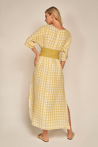 Vestido largo Amarillo en algodón con cuadros