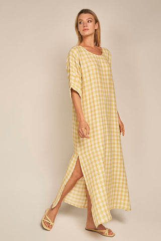 Vestido largo Amarillo en algodón con cuadros