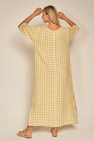 Vestido largo Amarillo en algodón con cuadros